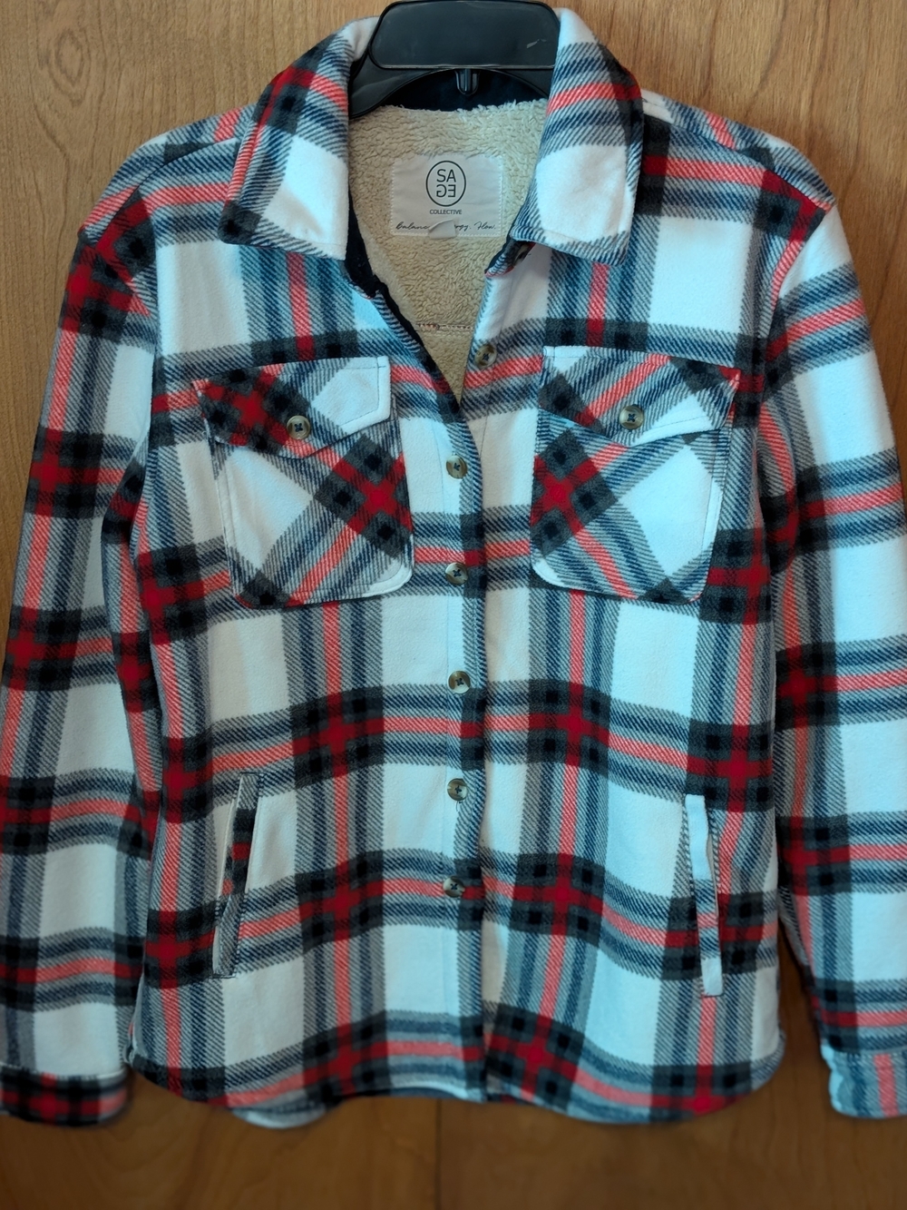 SAGE Red, Black & White Plaid Sherpa-Lined Teddy Jacket